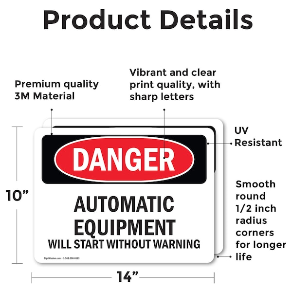 Automatic Equipment Start Without Warning Danger Sign, Vinyl Decal, 14in W X 10in L, 2PK